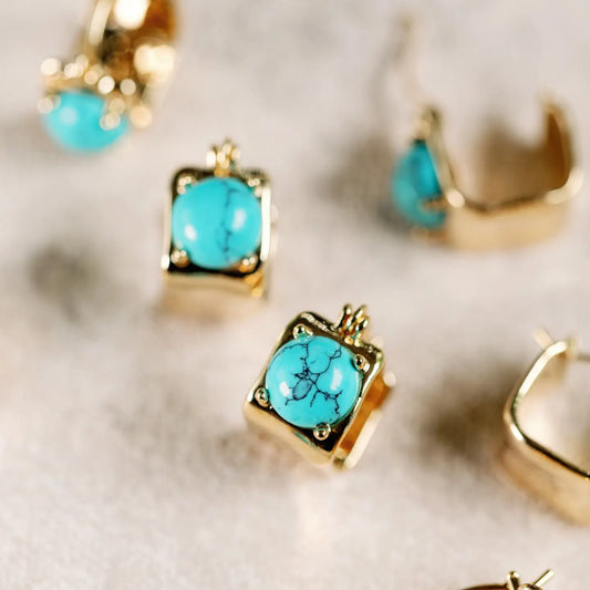 Vintage Mini Square Gold and Turquoise Huggie Hoop Earrings
