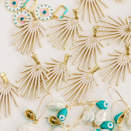 White Sunburst Statement Drop Earrings